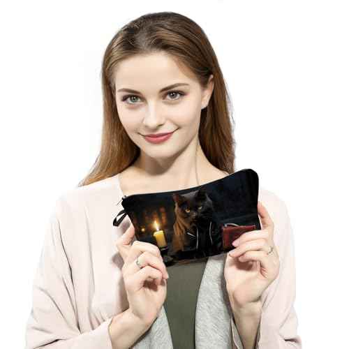 Night Black Cat Print Women Makeup Bag Cat Gifts for Cat Lovers Travel Cosmetic Bag Organizer Small Zipper Toiletry Bag