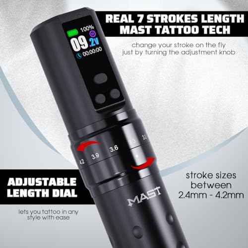 Mast Tattoo Fold2 Pro Wireless Tattoo Gun Rotary Pen Machine, Powerful Motor by Mcore, Smart Display, 7 Strokes Length for Pro Artists (Black)