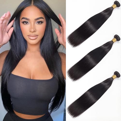 Straight Human Hair Bundles 22 24 26 Inch Black 3 Bundles Deals for Black Women Virgin Human Hair 12A Double Weft Quick Brazilian Hair Weave