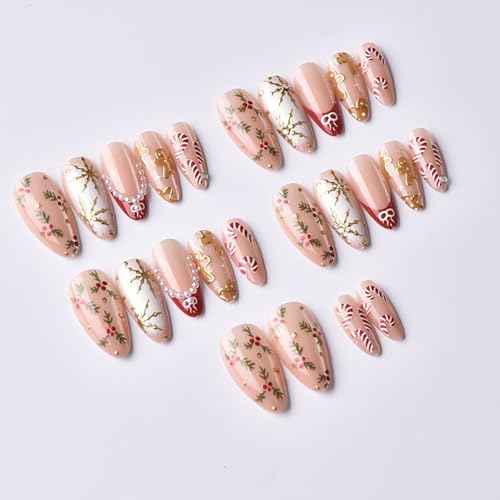 24Pcs Christmas Almond Press on Nails Medium Fake Nails with Gingerbread Doll Snowflake Cane Pearl Design Bow French Tip False Nails Xmas Almond Nails Press ons Artificial Glue on Nail for Women