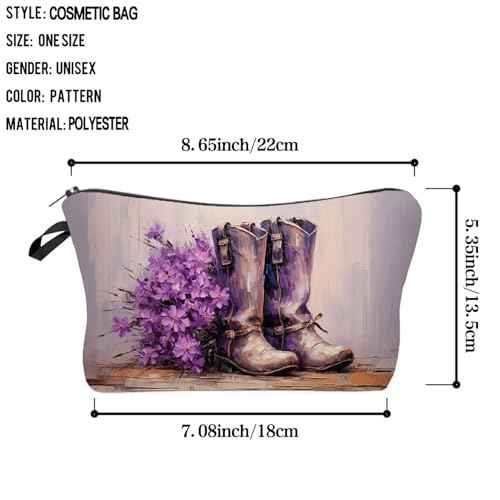 Purple Western Boots Print Makeup Bag Floral Western Cowboy Boots Small Organizer Bag Zipper Pouch Cowboy Style Oil Painting Cosmetic Bag Present for Women Friends