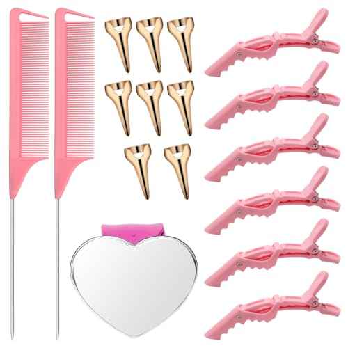 17 Pieces Hair Parting Tools Set Heart, Included 8P Hair Parting Ring 2P Metal Rat Tail Comb 6P Hair Sectioning Clip with 1P Magnetic Wrist Sewing Pin Holder for Braiding (Pink)