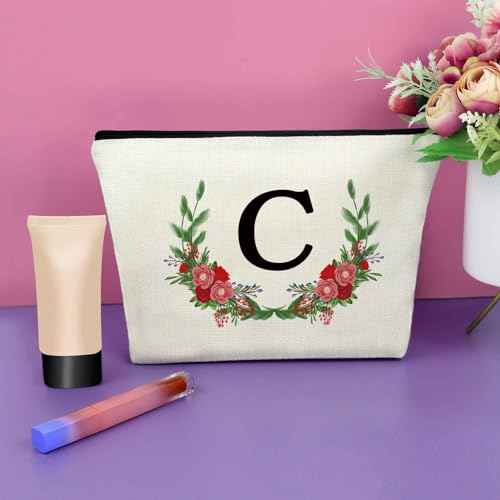 Sazuwu Letter Makeup Bag Personalized Initial Canvas Beach Bag Letter C Gifts for Girls Travel Toiletry Bag for Women Capital Alphabet Letters Cosmetic Bag Graduation Christmas Birthday Gifts
