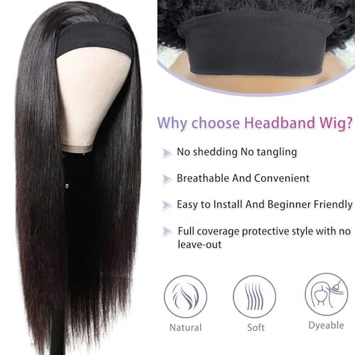 Headband Wig Human Hair Straight Headband Wigs Brazilian Virgin Hair 150% Density None Lace Front Wigs Human Hair Glueless Headband Half Wig for Women Natural Color 22 Inch