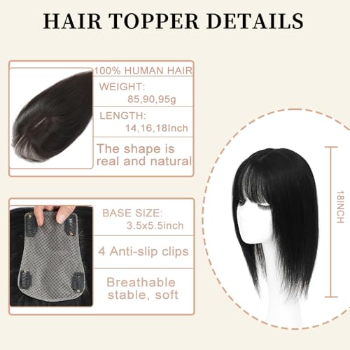 Hair Toppers for Women Real Human Hair,360¡Æ3D Big Basement Cover Topper for Women with Thinning Crown with Wispy Clip in Bangs Realistic Scalp (1B, 3D Wispy Bangs 18INCH)