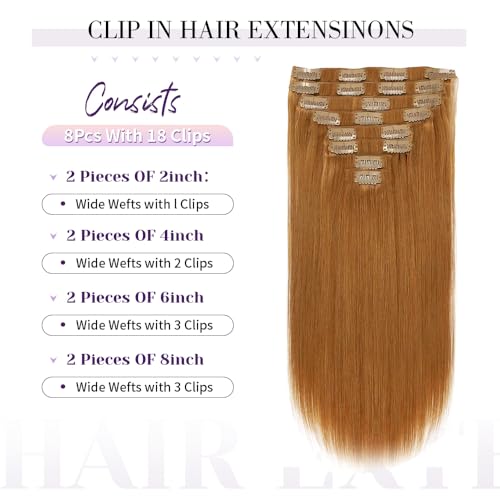 Remy Hair Extensions clip ins Hair Etensions for Women #30 Light Brown Double Weft Natural Hair Extensions Straight 8Pcs Soft and Thick 18inch 90g