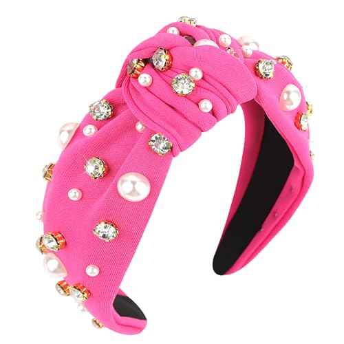 YISSION 1PC Crystal Pearl Knotted Headband for Women Non Slip Rhinestone Headband Wide Pearl Headbands for women Jeweled Embellished Hairband Hot Pink Head Band Hair Accessories for Women Girls