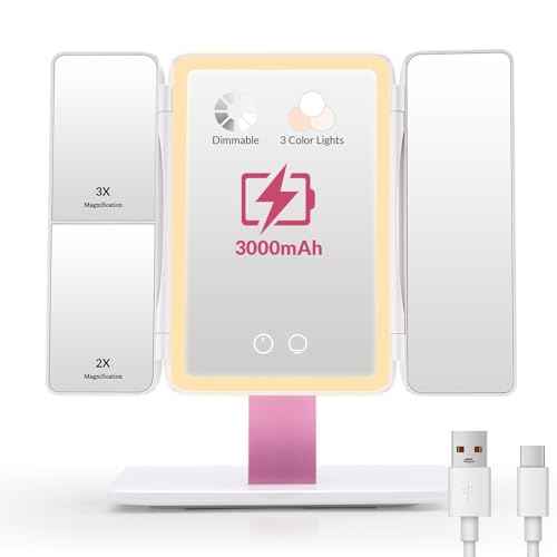 EASEHOLD Foldable Tri-Fold Lighted Makeup Vanity Mirror with 60 LED Lights, 1X/2X/3X Magnification, Touch Control Dimming, 3000mah Rechargeable, 360¡Æ Rotation, Portable Travel Folding Compact Mirror