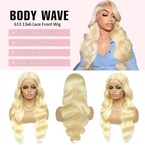 613 HD Lace Frontal Wig 13x6 Blonde Body Wave Lace Front Wigs Human Hair Pre Plucked Glueless Wigs for Women (26inch)