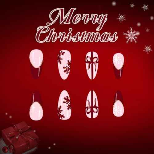 Christmas Press on Nails Medium Almond Fake Nails Glossy Xmas False Nails with Designs Red French Tip,Gift,Snowflake Glue on Nail Full Cover Reusable Winter Christmas Nail for Women Manicure 24Pcs