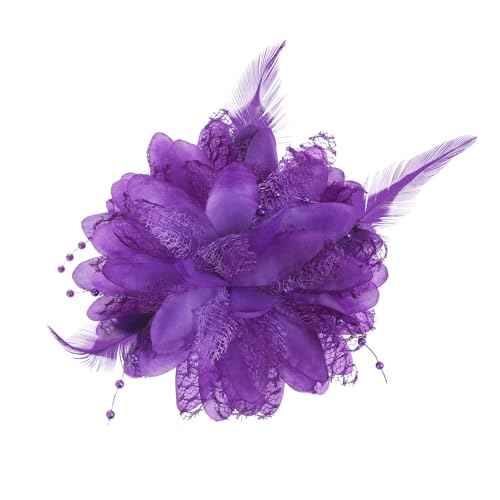 Purple Feather Hair Clip - Ladies Artificial Flower Brooch Hairpin Barrette for Girl Headwear Dress Up - Halloween, Christmas, Valentine, Wedding, Prom