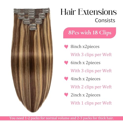 Clip in Hair Extensions Real Human Hair 20inch Human Hair Clip in Extensions Chocolate Brown and Honey Blonde Clip ins 100% Brazilian Human Hair Extension for Women Girls Seamless Clips in Human Hair