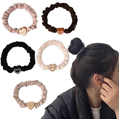 Heart Elastic Hair Ties for Women Girls Heart Hair Scrunchies Non Slip Ponytail Holders Satin Heart Shaped Scrunchie for Women Heart Hair Accessories Elastic Hair Band 5 Pcs