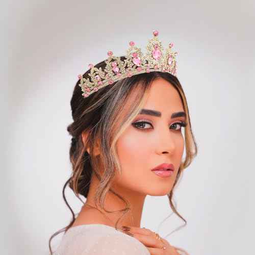 Gold Crown for Women, Fufuddz Pink Crystal Tiara Princess Tiaras Queen Crowns with Combs Quinceanera Birthday Bridal Wedding Prom Party Halloween Headband Christmas Hair Accessories 15th 16th