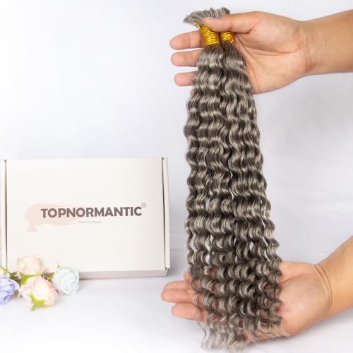 Human Braiding Hair for Boho Braids,Deep Curly Bulk Salt and Pepper Human Hair 100g 2 Bundles/Pack Brazilian Virgin Hair No Weft Wet and Wavy Gray Hair Extensions for Black Women 18 Inch