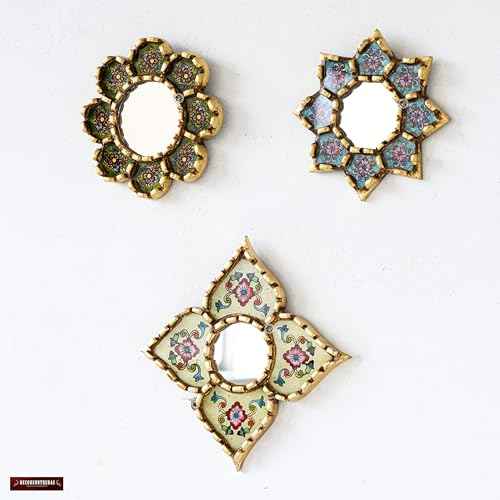 Handmade Peruvian Mirror Set ? Reverse Painted Glass ? Small Decorative Mirrors for Wall ? Artisan Star & Diamond Designs ? Unique Wall Decor Gift