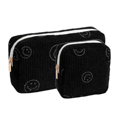 Makeup Bag Purse Cosmetics Bags Corduroy Cute Cosmetic Pouch Handbags Purses Makeup Organizer Storage for Women (2 Pack Black)