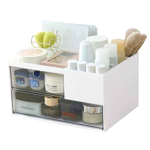 Makeup Organizer with 2 Drawers, Desk Organizer, 4 Compartments, Cosmetics Storage Box for nail polish,Lipstick, Brushes, Jewelry, Skincare, Bathroom Organization Boxes - White