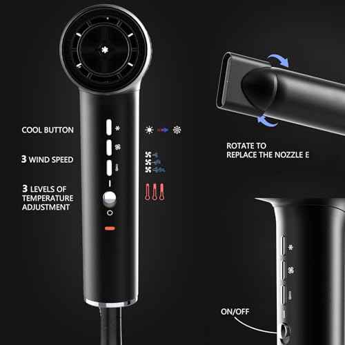 Hair Dryer, Professional Brushless Motor Ionic Hair Blow Dryer with Diffuser, Magnetic Nozzles, 0.83Pound, 2000W, 60dB, 3 Heat Settings & 3 Speed & Cold Settings, Diffuser Hair Dryer, Black