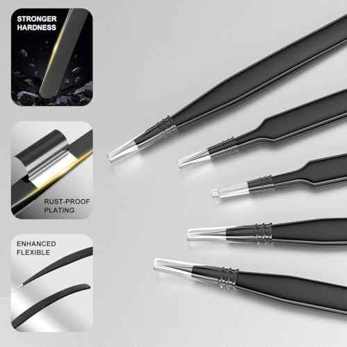 Antonki 12 Pack Precision Tweezers Set for Craft, Soldering, Jewelry, Facial Hair, Eyebrow, Ingrown Hair Removal, Eyelash Extension- with Case