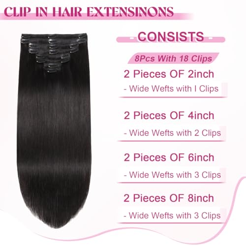 Clip in Hair Extensions Real Human Hair, Remy Human Hair Clip in Extensions for Black Women, Invisible Natural Straight Seamless Clip ins Hair Extensions 8pcs Double Weft #1B 24inch 120g