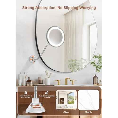 10x Magnifying Mirror with Light, Flexible Gooseneck Make up Mirror with Lights and Magnification, Battery Operated Cordless with Suction Cups for Wall Bathroom