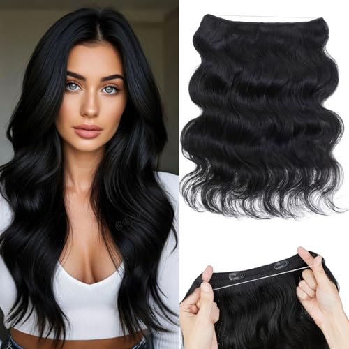 Rich Choices Halo Hair Extensions Real Human Hair Wave Wire In Hair Extensions Human Hair Clip in Human Remy Hair Halo Hair Extension Hair Piece 16 Inch Wavy-#1Jet Black