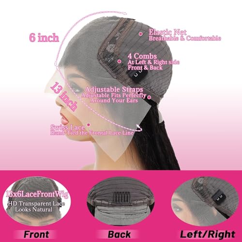 13x6 Lace Front Wigs Human Hair Pre Plucked, 180% Density Body Wave HD Transparent Lace Frontal Wigs with Baby Hair for Women, Glueless Wig, Natural Black, 22 Inch