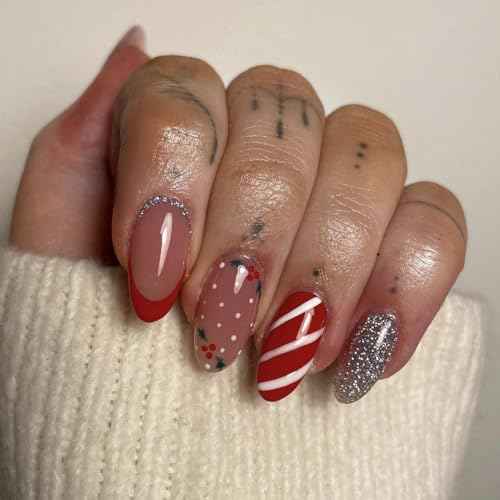 Christmas Press on Nails Almond Medium Fake Nails Red French False Nails with Silver Glitter Design Glue on Nails Xmas Candy Full Cover Stick on Nails Glossy Acrylic Nails for Women Manicure 24Pcs