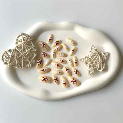 Christmas Press on Nails Almond Nude Fake Nails with White Snowman Design Glossy False Nails Acrylic Nails Full Cover Glue on Nails Stick on Nails for Women and Girls