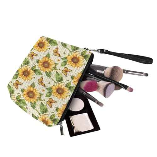 Retro Sunflower Butterfly Cosmetic Bag for Women Travel Organizer Makeup Bag Zipper Purse Lightweight Toiletry Organizer Pouch Clutch Bag with Wrist Strap