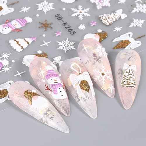 Christmas Nail Art Stickers Snowflake 5D Embossed Nail Decals 8PCS Gold Silver Glitter Snowman Christmas Tree Bell Cane Bear Nail Design Winter Nail Decoration for Acrylic Nails Manicure Decorations