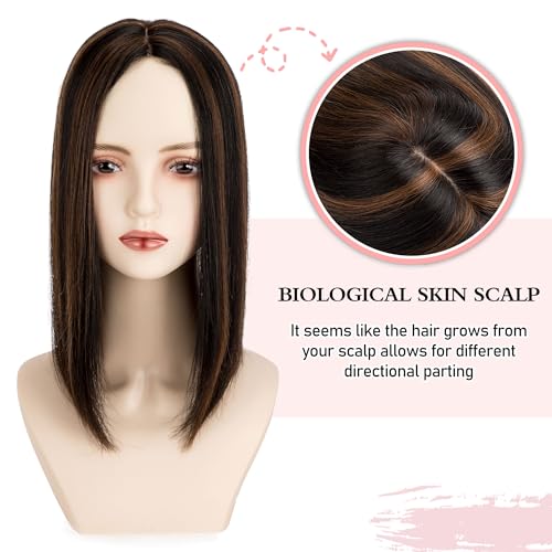 Hair Toppers for Women Real Human Hair 14 inch Straight Human Hair Toppers with No Bangs 13X13 cm Skin Scalp Base for Thinning Hair Top Hair Pieces Remy Hair Topper (P1B/4#, 14 Inch)