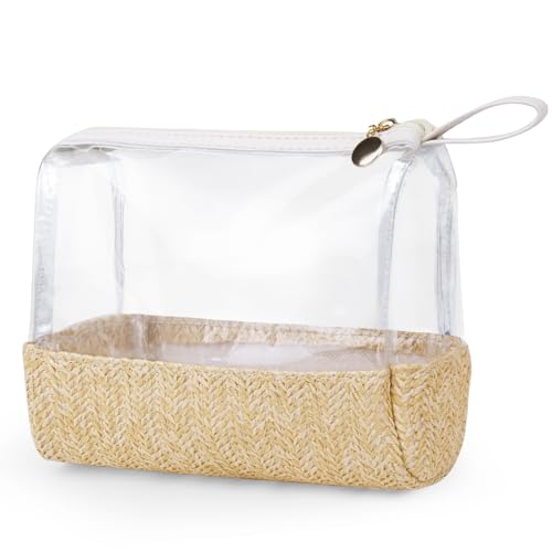 Boho Straw Makeup Bag,Small Clear Travel Cosmetic Bag Aesthetic Waterproof Portable Toiletry Bag,Preppy Cute Transparent TPU Zipper Purse Travel Beach bags sunscreen bag for Women Girls