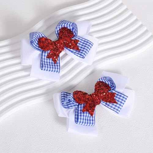4.5in Blue White Checker Plaid Ribbon Hair Bow Clips Red Glitter Gingham Pigtail Alligator Hairpins Halloween Costume Dress Up Birthday Party Accessory Gift for Girls Women