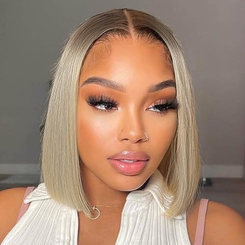 180% Density Ombre Ash Blonde Bob Wig Human Hair 13x4 HD Invisible Front Wigs for Women Grey Ash Blonde Glueless Straight Bob Wig with Dark Roots Bleached Knots 14 Inch