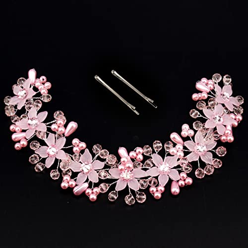 CURASA Flower Girl Crystal Pink Pearl Headband for Women's Wedding, Princess Crown for Birthday, First Communion