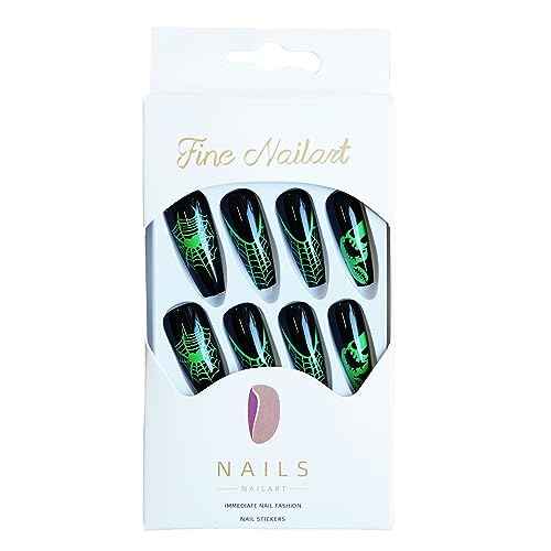 Halloween Press-on Coffin Nails 24 Pcs Black, Fluorescent Green Spider Web Nightmare Christmas ABS Material 12 Sizes Full Cover Glossy False Nails