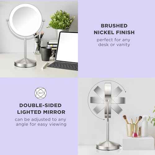 Conair Lighted Makeup Mirror, Double-Sided LED Vanity Mirror with 1X/10X Magnification, 3 Light Settings, 3 Modes, 360¡Æ Rotation, Satin Nickel Finish