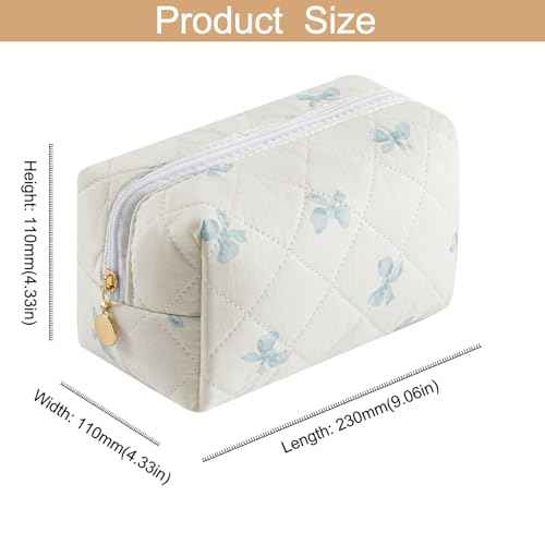 Cute Floral Cotton Makeup Bag, Quilted Makeup Bag for Women Girls, Travel Floral Cosmetic Bag Zipper Make Up Pouch, Flowers Toiletry Organizer Bag (Small Blue Bowknot)