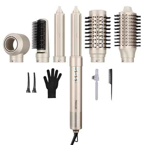 7MAGIC 6 in 1 Multi Hair Styler Dryer Brush, 110,000 RPM High-Speed, Negative Ionic, Fast Drying for Professional Blow Dry, Curling, Volumizing, Straightening and Styling, Gold