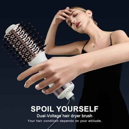Travel Dual Voltage Hair Dryer Brush 4-IN-1 Portable Mini Hot Air Blow Dryer Straightener & Curler Brush, Titanium Round Blowout Styler Volumizer Tools, 110/240V US/EU/UK Plug for International Travel