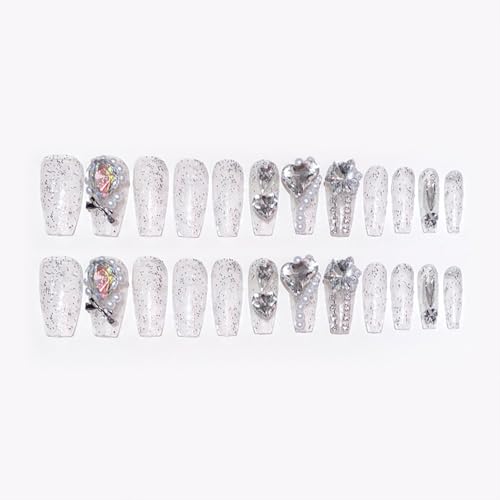 Luxury Press on Nails Coffin Medium Fake Nails Luxury Rhinestones 3D Charm Acrylic Nails Press ons Handmade Glue on Nails Glossy Stick on Nails for Women 24 Pcs