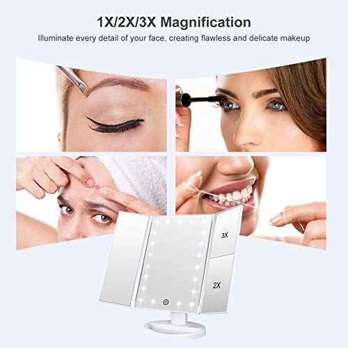 WEILY Makeup Mirror with 21 LED Lights,Two Power Supply Modes, Adjustable Touch Screen and 1x/2x/3x Magnification Tri-Fold Vanity Mirror,Chargeable Travel Cosmetic Mirror for Desktop(White)