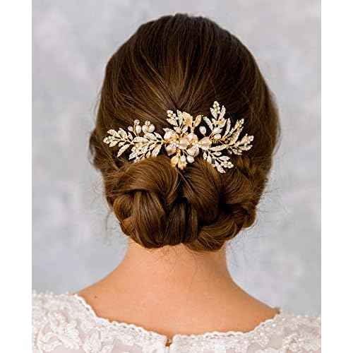 SWEETV Handmade Wedding Hair Comb Clip Rhinestone Bridal Hair Comb Piece, Gold Hair Accessories for Brides Wedding