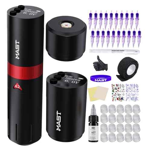 Tattoo Gun Kit - Mast Tattoo Flip2 Wireless Pen Machine Mcore-A Powerful Motor 6 Strokes Length 2 Batteries Power Supply Needles Cartridges Black Tattoo Ink for Beginners