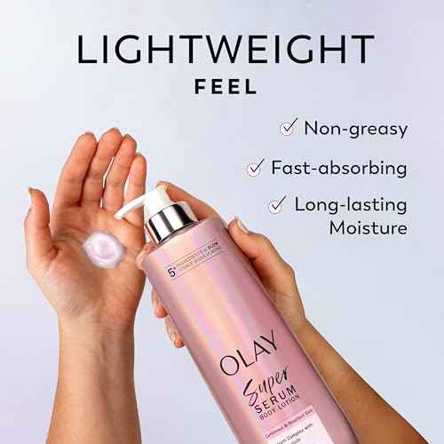 Olay Super Serum Hand & Body Lotion for Dry Skin, 24hr Long Lasting Hydration, 5+ Ingredient Serum Complex for Bright Even Firm Luminous Skin, Sweet Vanilla & Soft Wood Scent, 18.5 fl oz