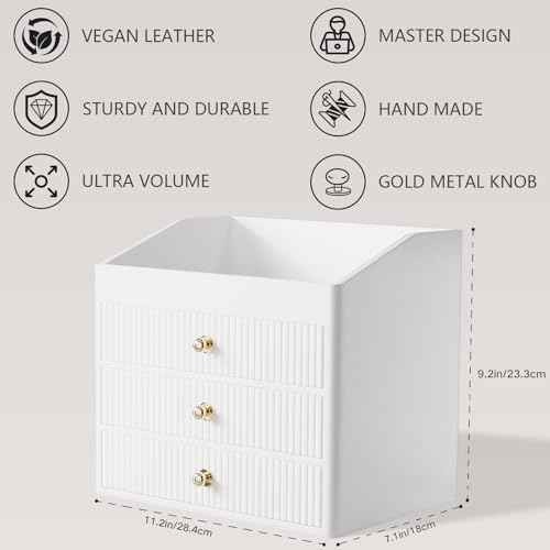 Vanity Organizers,Luxury Skincare Organizer with 3 Tier Drawers,Beige White Large Capacity Cosmetic Organizer Countertop for Makeup Brush,Dresser,Bedroom,Bathroom,Mom Gifts,Mom Birthday Gifts