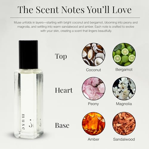 Riddle Oil Muse Roll On Fragrance Perfume - Fruity Citrus Floral Mini Rollerball Fragrances for Women - Coconut, Peony, Magnolia, Bergamot, Sandalwood, and Amber