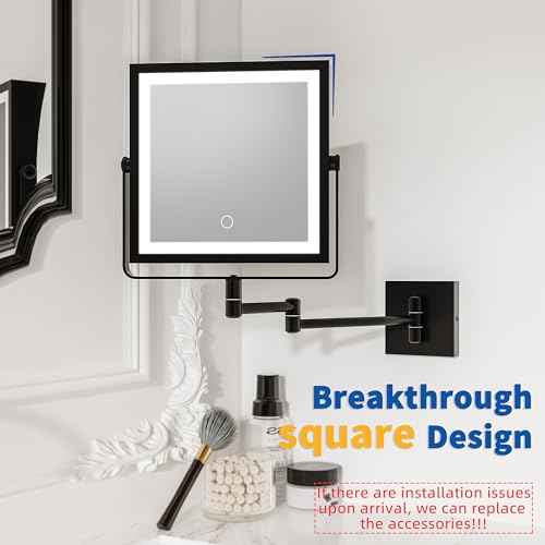 Ruacq Rechargeable Wall Mounted Makeup Mirror with Lights, Double Sided 1X/10X Magnifying Vanity Mirror with 3 Color Lighting, Touch Screen Dimmable, 360¡Æ Rotation Extension Foldable Arm(Matte Black)